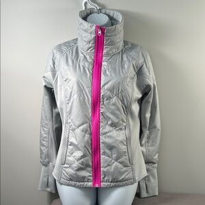 The North Face Light Gray Puffer Jacket with Pink Zipper